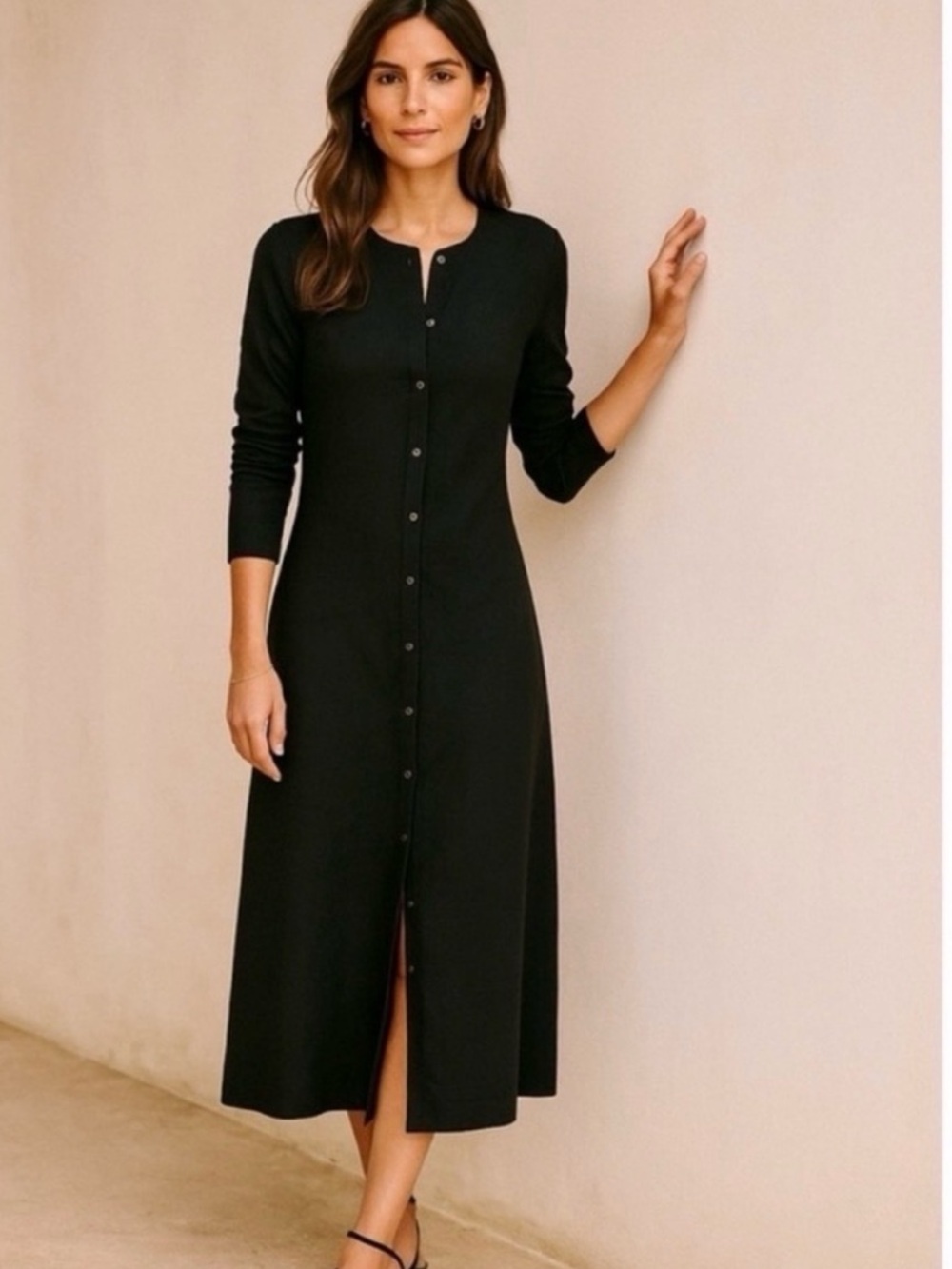 AYR Serenity Dress Midi Button Front Rib Knit Pima Cotton Size Medium Black